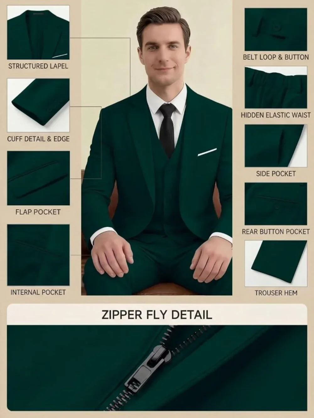 Slim Fit 3 Piece Suit Set for Men - Wedding, Prom, Summer Blazer, Vest & Pants